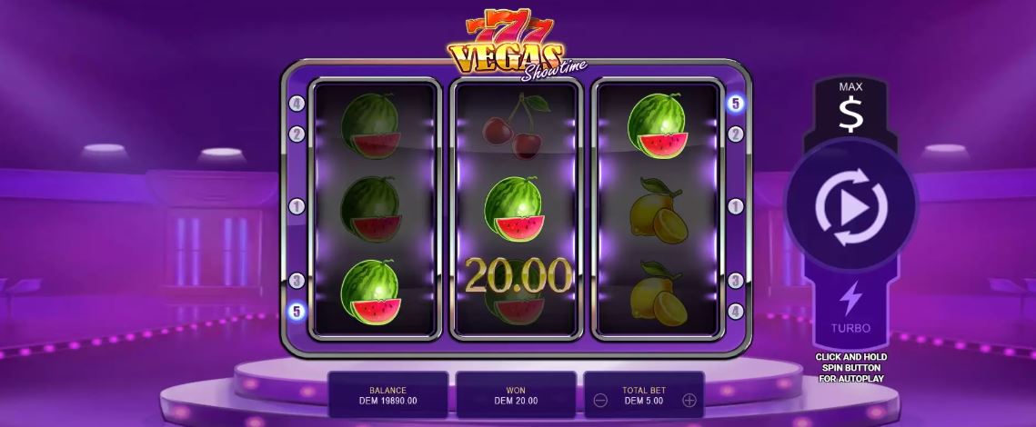 Get classic Vegas Showtime fruit slot wins at Flames Casino